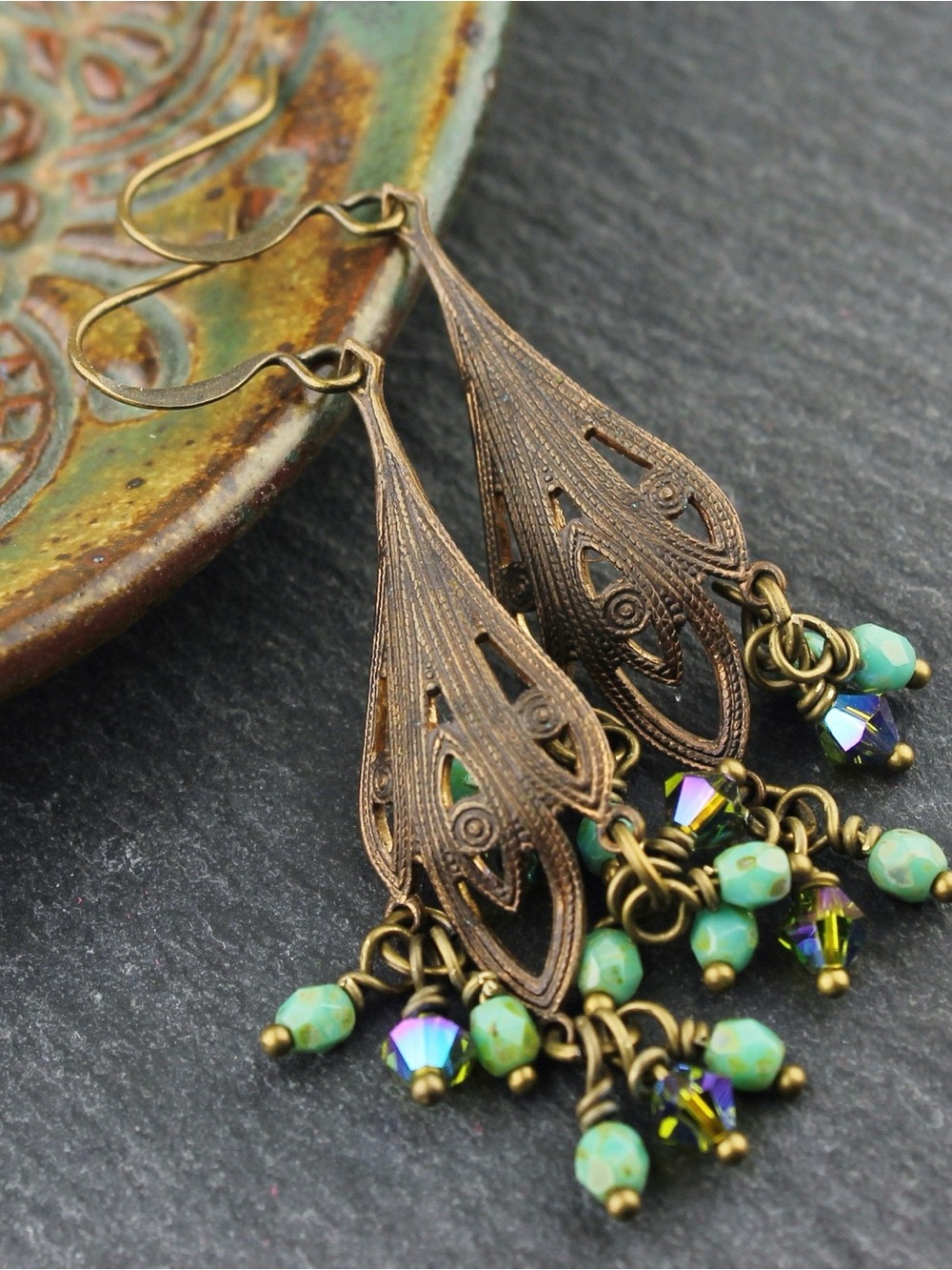 Antique Gold Filigree Teardrop Earrings with Turquoise Beads - Women Jewelry